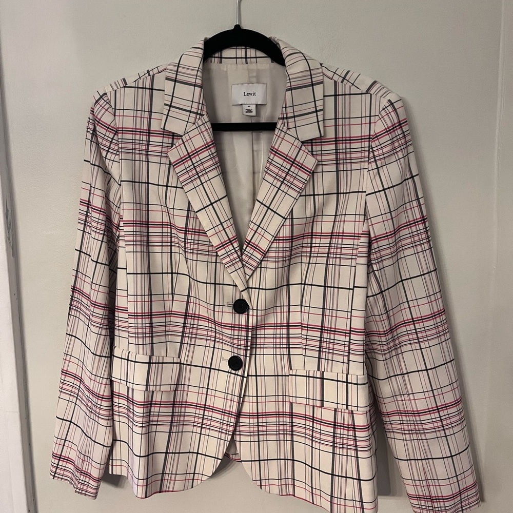 Lewit plaid wool blazer with cool pleat detail on back.